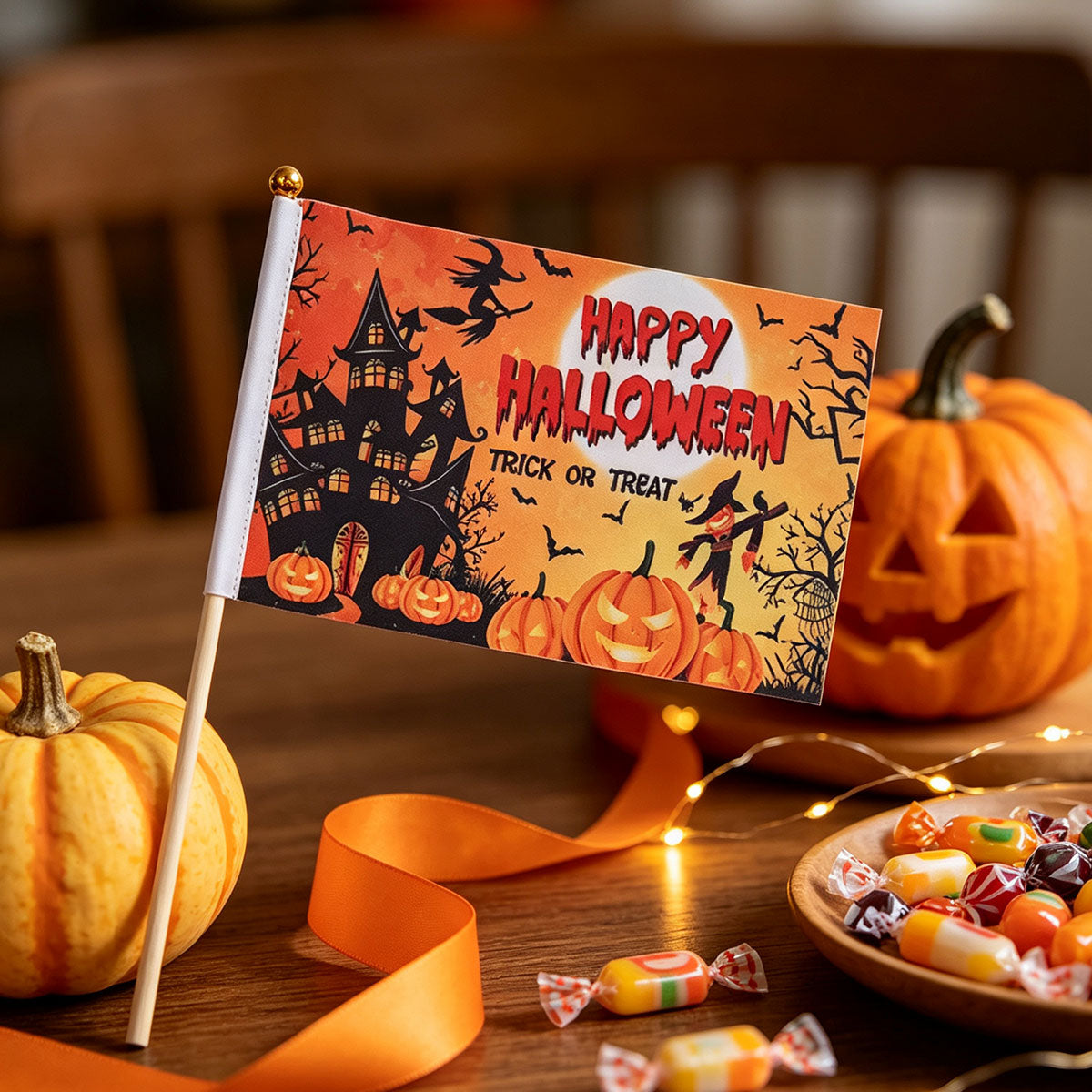 Halloween Flag Hand-held Stick Flags 5x8 Inch Pumpkin Smile Mini Flag Halloween 10 PcsMini Hand Held Stick Flags Halloween Party Decoration