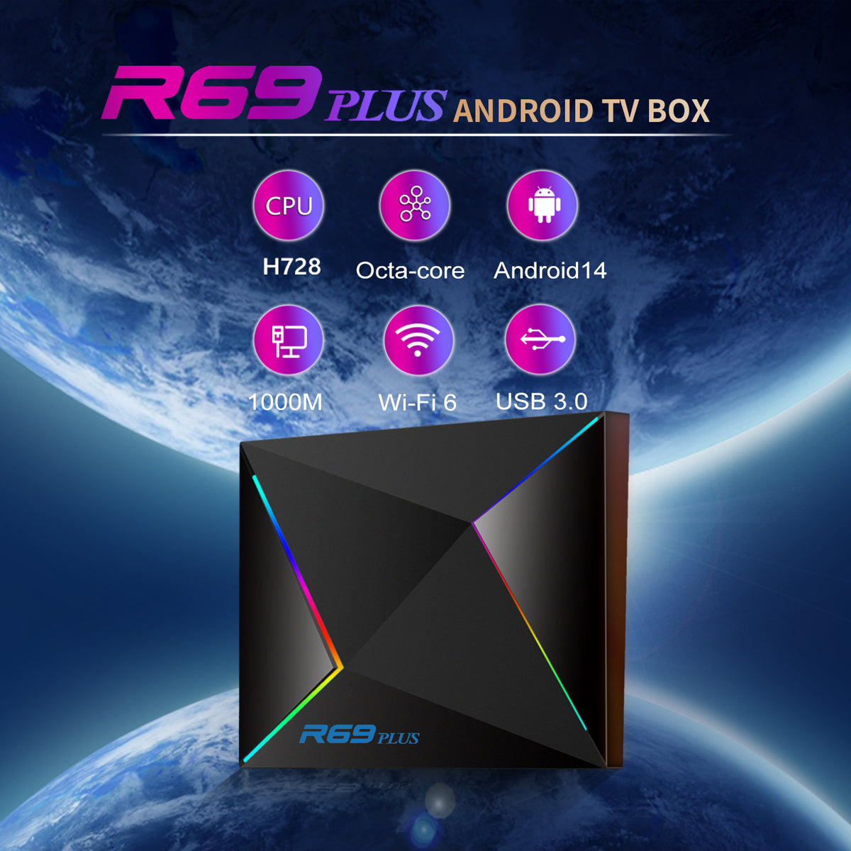 New R69 Plus Smart TV Box, Android 14 OS H728 Processor, 2.4G/5GHz Dual Band‑WiFi, 4K 8K Ultra‑HD Video Player Android Set‑Top Box