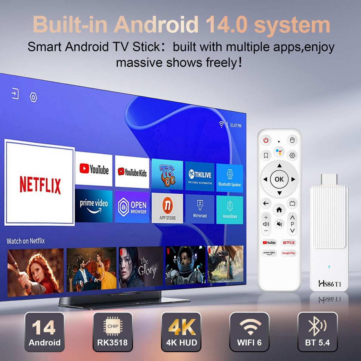 2026 New HS86 T1 4K Smart TV‑Stick, Rockchip RK3518 Quad‑Core, Android System, Dual‑Band WiFi 6, Bluetooth5.4, Voice‑Controlled Remote 4K Media Player