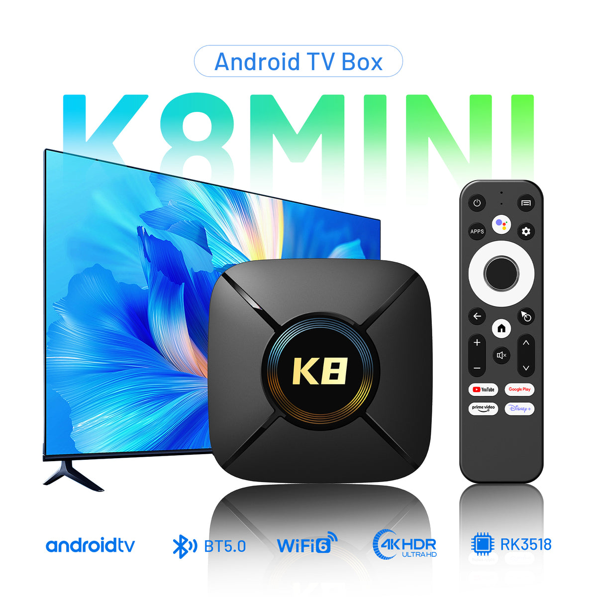 New HK1 RBOX‑K8 MINI Smart Set‑Top‑Box, RK3518 64‑Bit Quad‑Core, Android 14, 4K UHD, Dual‑Band WiFi 6, Bluetooth, 2GB 16GB Storage TV Stick