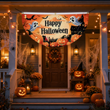 Halloween Flags Outdoor Bunting Fan Flag Happy Halloween Bunting Flag Ghost Pumpkin Half Fan Banner Decoration for Holiday Indoor Outdoor Yard Decoration, (2Pcs) 1.5 x 3 ft