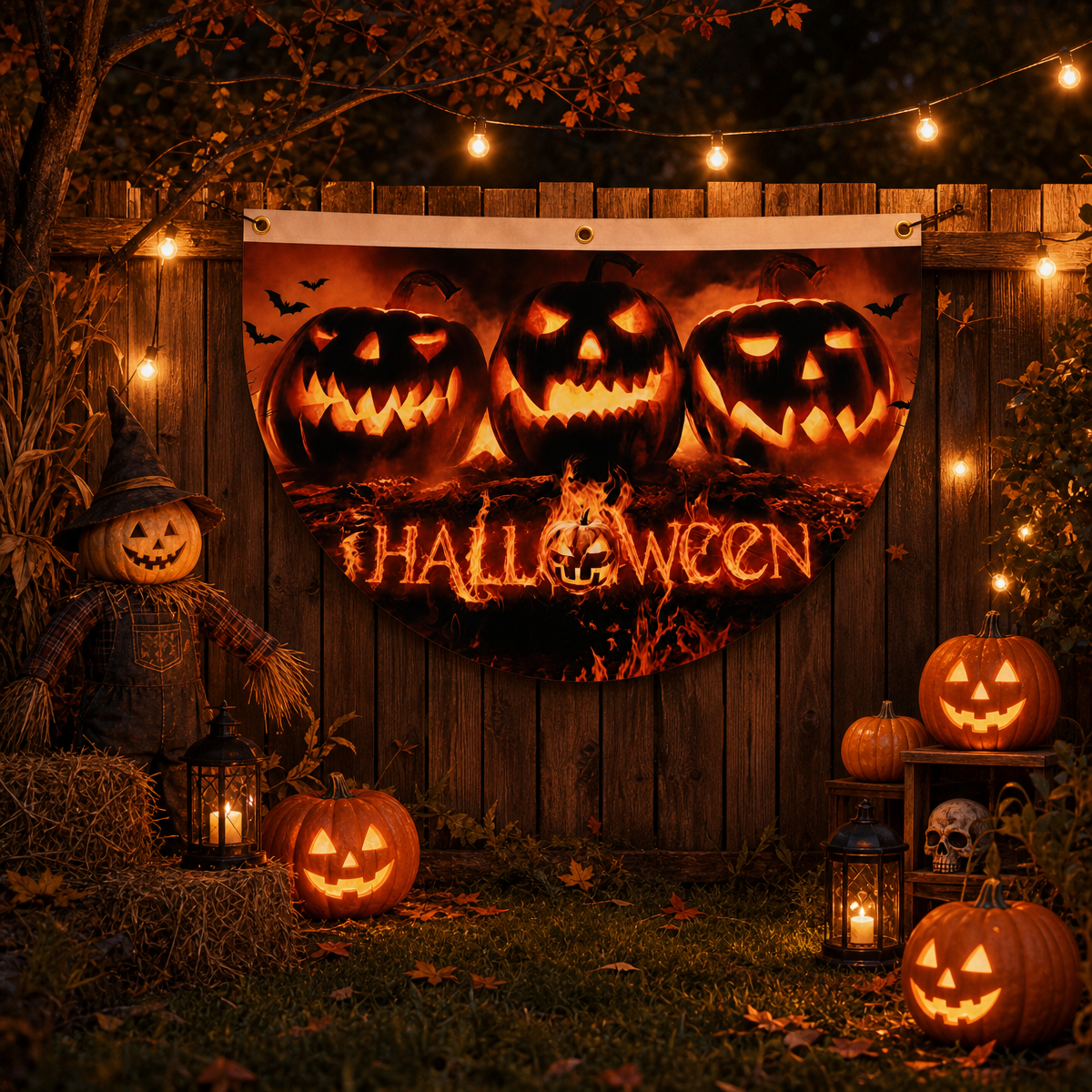 Halloween Flags Outdoor Bunting Fan Flag Happy Halloween Bunting Flag Ghost Pumpkin Half Fan Banner Decoration for Holiday Indoor Outdoor Yard Decoration, (2Pcs) 1.5 x 3 ft