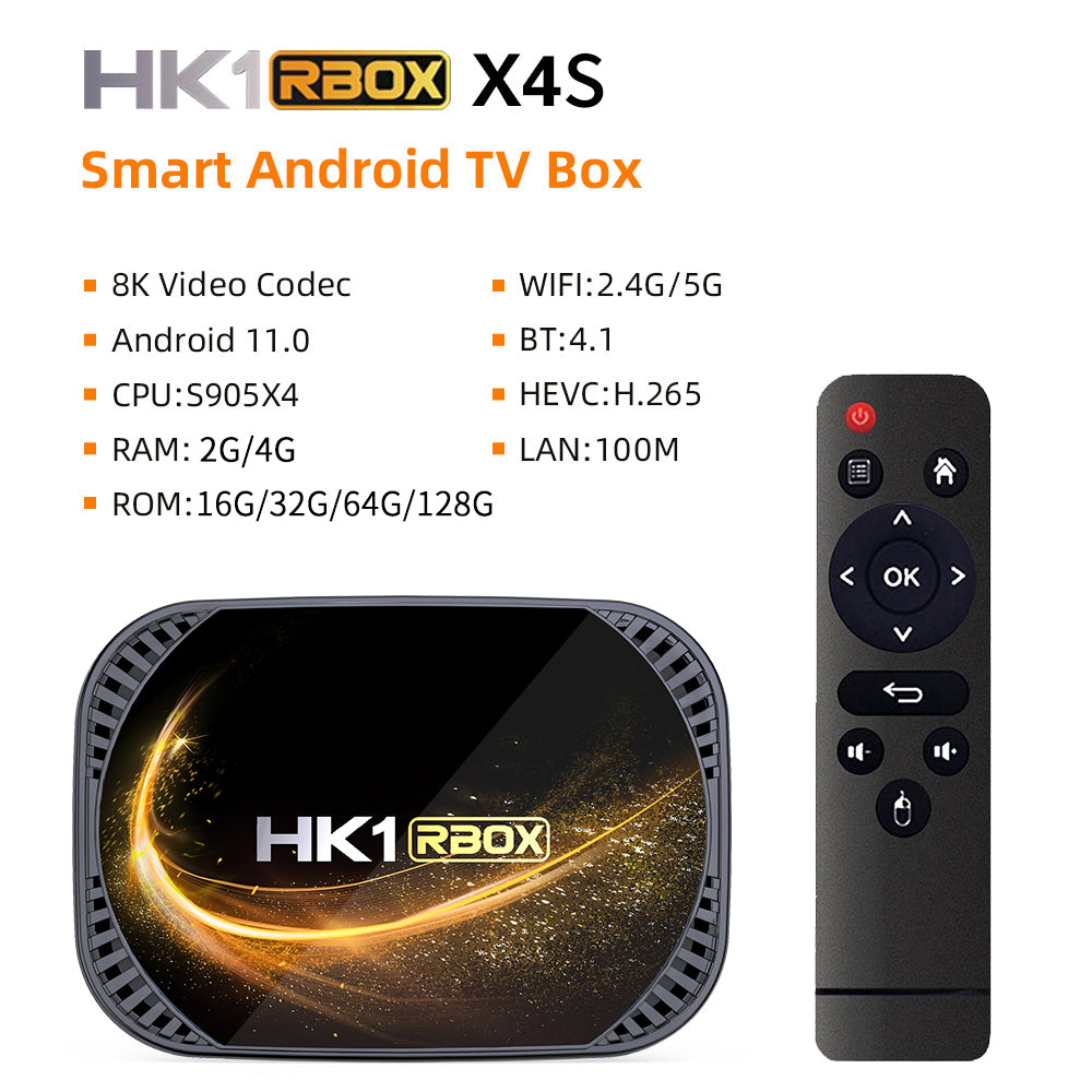 New HK1 RBOX‑X4S Smart Set‑Top‑Box, Amlogic S905X4 64‑Bit Quad‑Core, Android 11.0, 8K UHD, 4GB+64GB/128GB, Home IPTV Streaming Media Player