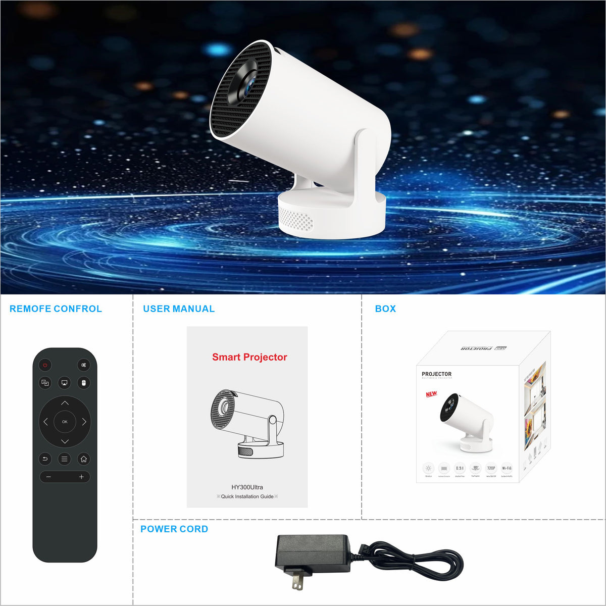 HY300 Ultra Pro Mini Projector, 4K Resolution, 170 Lumens, WiFi 6 Wireless Screen Casting, Portable Home Theater Projector