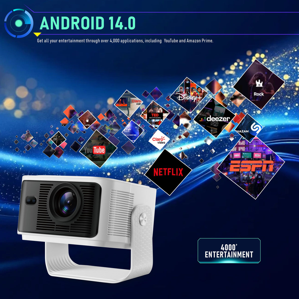 Newest HY350 Max Portable Smart Projector, Native 1080P Resolution, Android 14 GTV System, 4K Video Supported, Indoor Home Theater Movie Projector