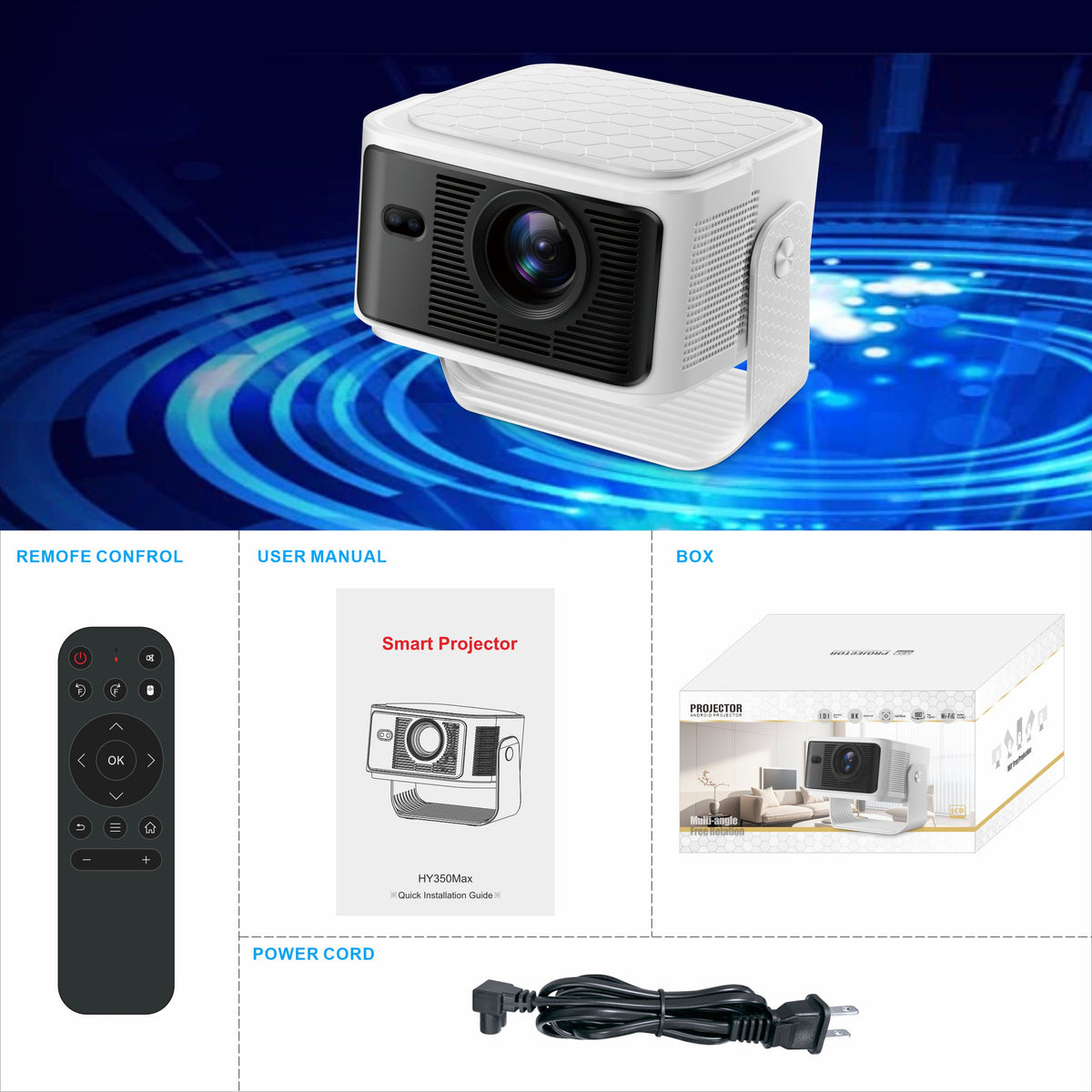 Newest HY350 Max Portable Smart Projector, Native 1080P Resolution, Android 14 GTV System, 4K Video Supported, Indoor Home Theater Movie Projector