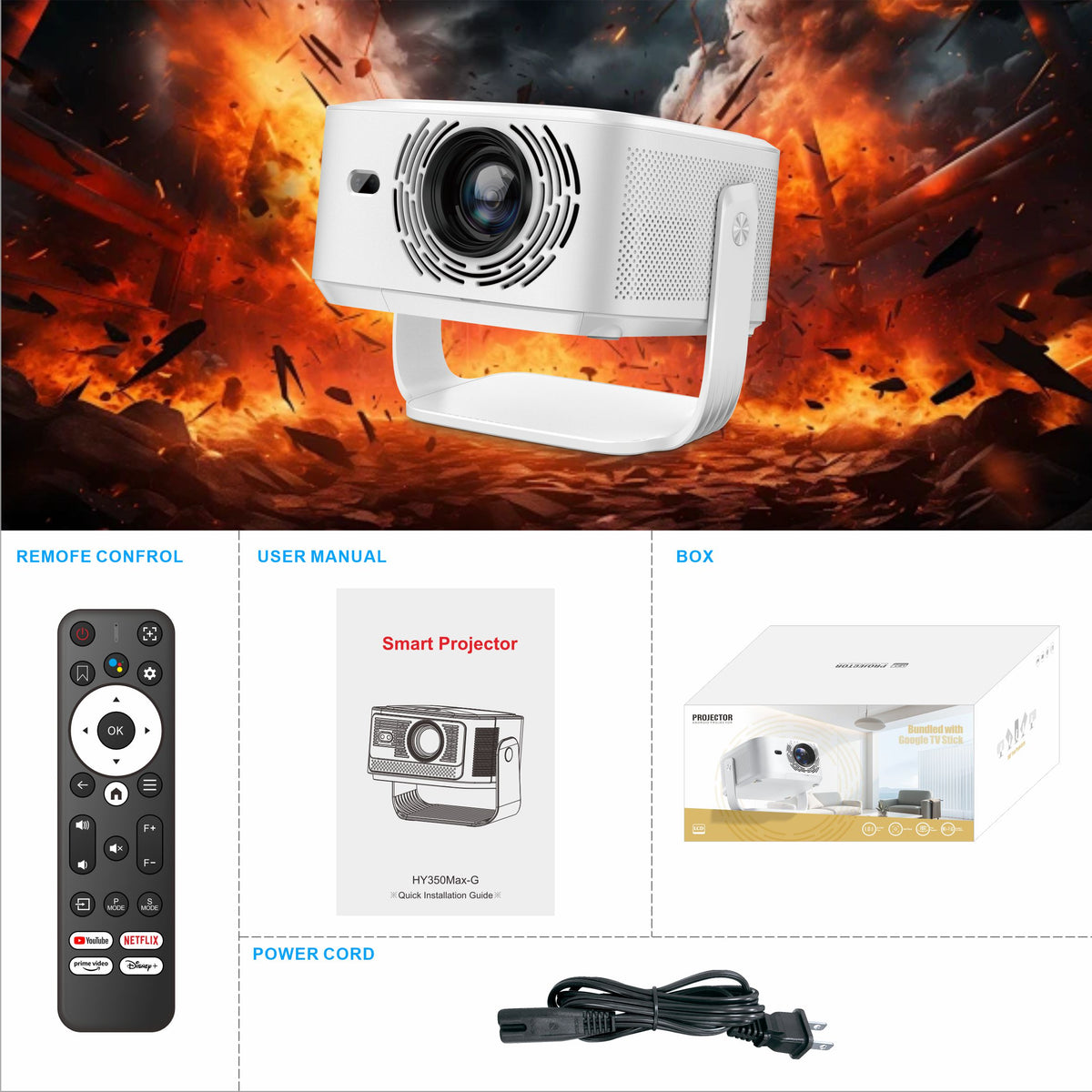 1080P HD Projector, 800 ANSI Lumens, HY450MAX-GTV with Built-in Google TV Dongle, 10W HiFi Speaker, WiFi Wireless Home Theater Projector