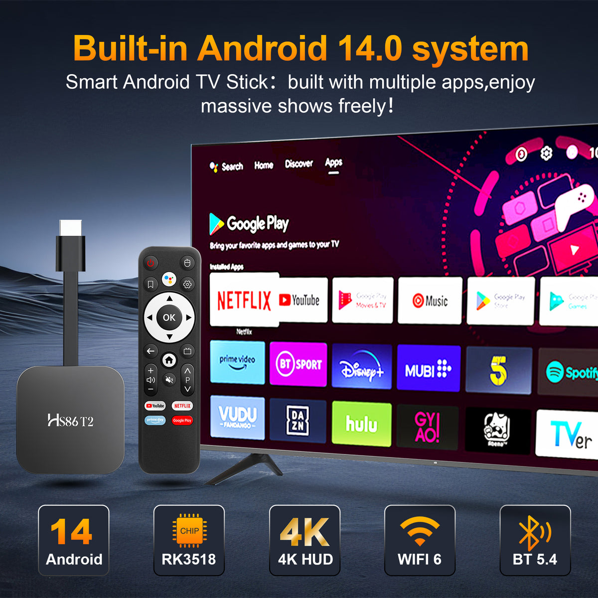 2026 New Arrival HS86 T2 Smart TV Stick, Rockchip RK3518 64‑Bit Quad‑Core, Android 14, 4K UHD, Dual‑Band WiFi 6, 2GB RAM 16GB ROM Portable Streaming Set‑Top‑Box