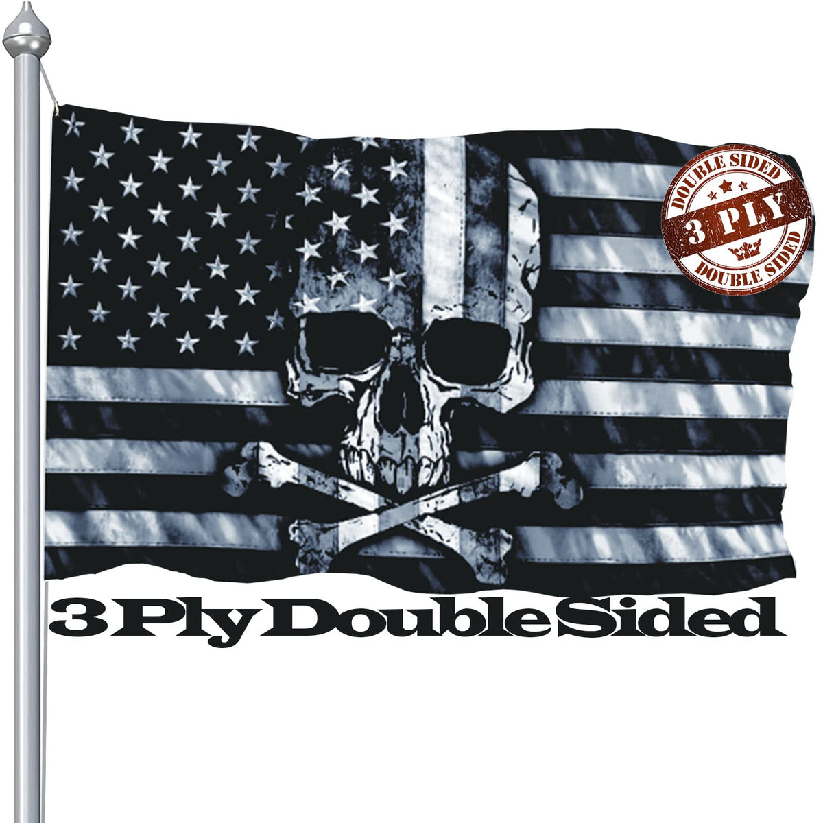 Skull and Crossbones Flag 3x5 Feet, Funny American Pirate Skull Flag, Double Sided Black White Grey Banner, Fade Proof Outdoor Decor for Man Cave Garage Wall