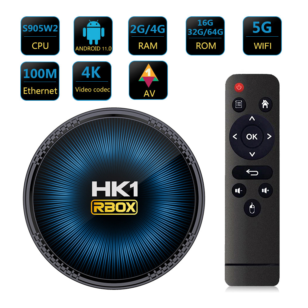New HK1 RBOX‑W2 Smart Set‑Top‑Box, Amlogic S905W2 64‑Bit Quad‑Core, Android 11.0, 4K 3D Video, Bluetooth5.0, Dual‑Band‑WiFi, Voice‑Controlled Remote IPTV TV Box