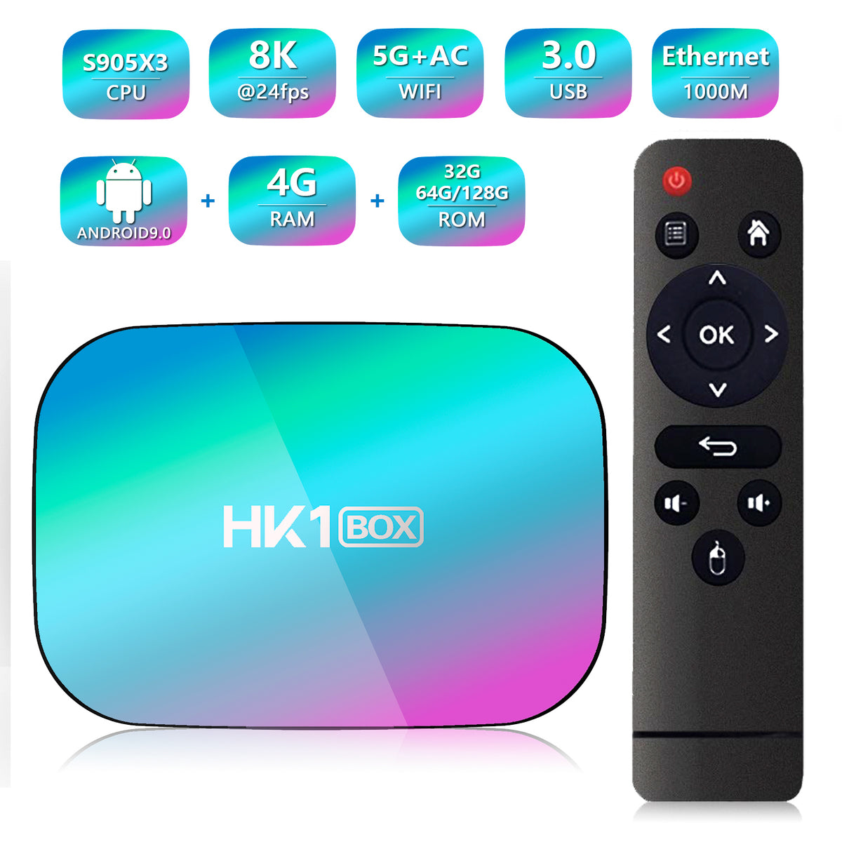 New HK1 RBOX‑X3 Smart Set‑Top‑Box, Amlogic S905X3 Quad‑Core, Android 9.0 OS, 4GB RAM Multi‑Storage Option, Bluetooth, 8K UHD Home IPTV Streaming TV Box