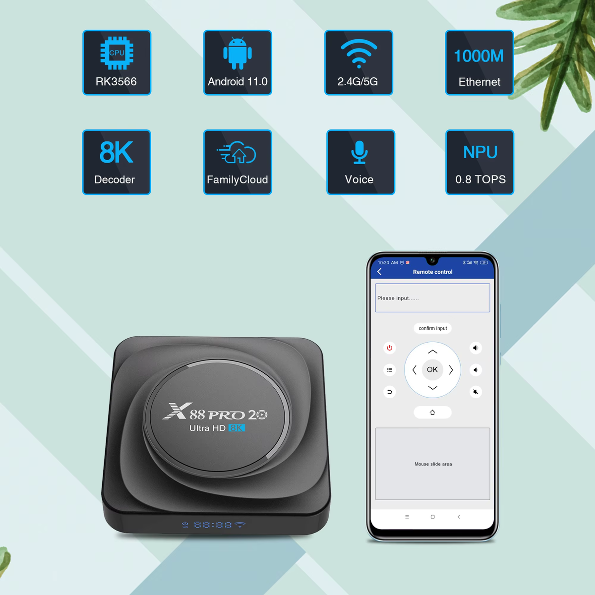2026 New X88 Pro 20 Smart Android 11 Set‑Top‑Box, Rockchip RK3566 Quad‑Core, 8K UHD, 8GB RAM 64GB/128GB ROM, Voice Control Streaming Media Player