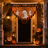Halloween Flags Outdoor Bunting Fan Flag Happy Halloween Bunting Flag Ghost Pumpkin Half Fan Banner Decoration for Holiday Indoor Outdoor Yard Decoration, (2Pcs) 1.5 x 3 ft