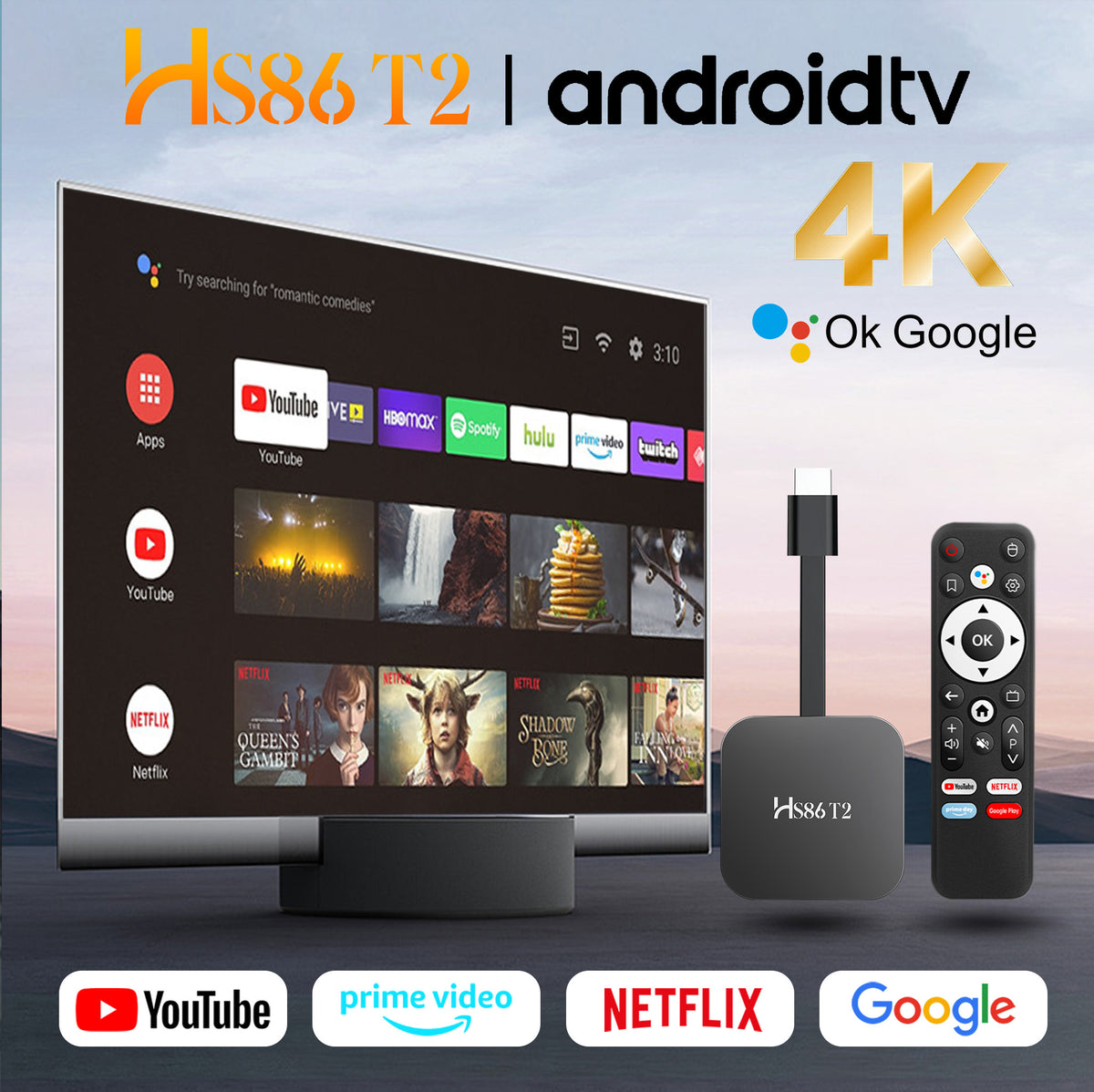 2026 New Arrival HS86 T2 Smart TV Stick, Rockchip RK3518 64‑Bit Quad‑Core, Android 14, 4K UHD, Dual‑Band WiFi 6, 2GB RAM 16GB ROM Portable Streaming Set‑Top‑Box