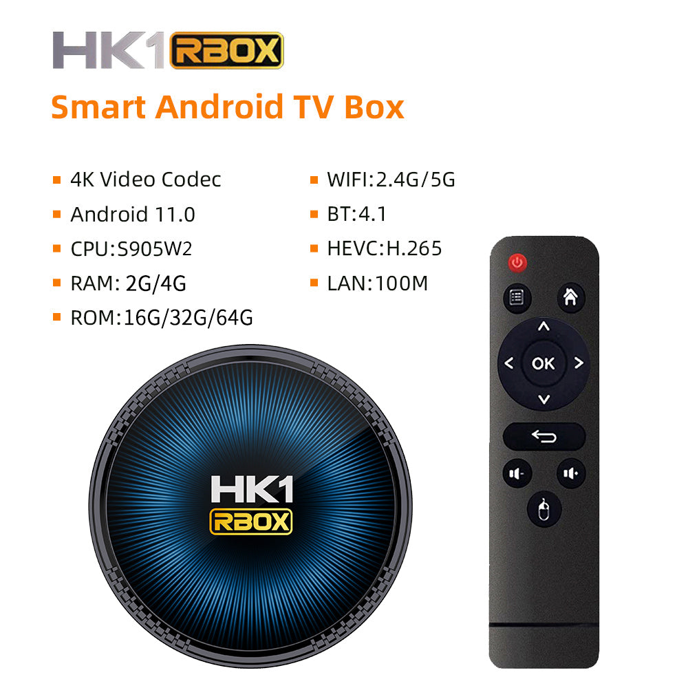 New HK1 RBOX‑W2 Smart Set‑Top‑Box, Amlogic S905W2 64‑Bit Quad‑Core, Android 11.0, 4K 3D Video, Bluetooth5.0, Dual‑Band‑WiFi, Voice‑Controlled Remote IPTV TV Box