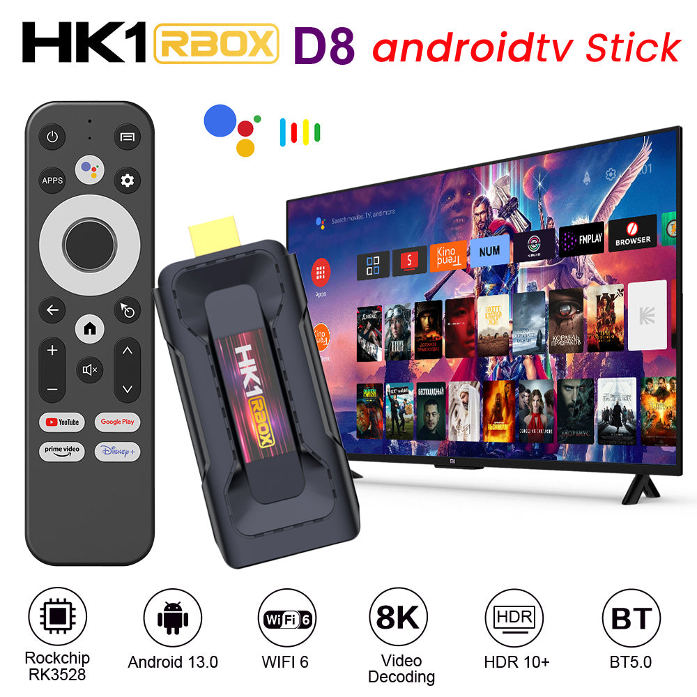 HK1 RBOX D8 RK3528 Android ATV TV Stick 2GB+16GB 8K UHD Dual‑Band WiFi Voice Remote IPTV Dongle