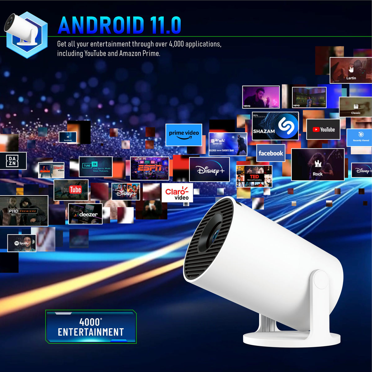 New HY300 PRO Portable Mini Projector, Smart Android Projector, Wireless Screen Mirroring for Indoor Home Theater Entertainment