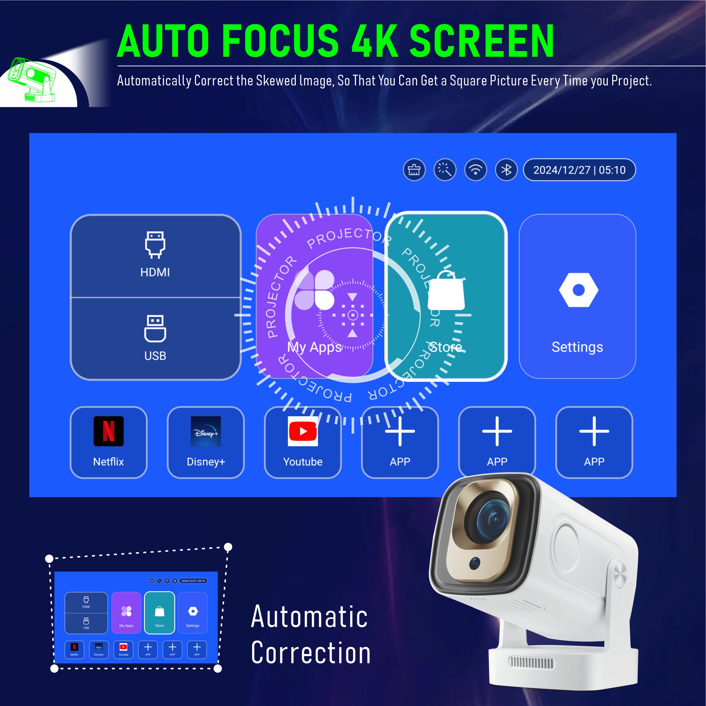 Mini Projector - Auto Focus Native 1080P 4K Support